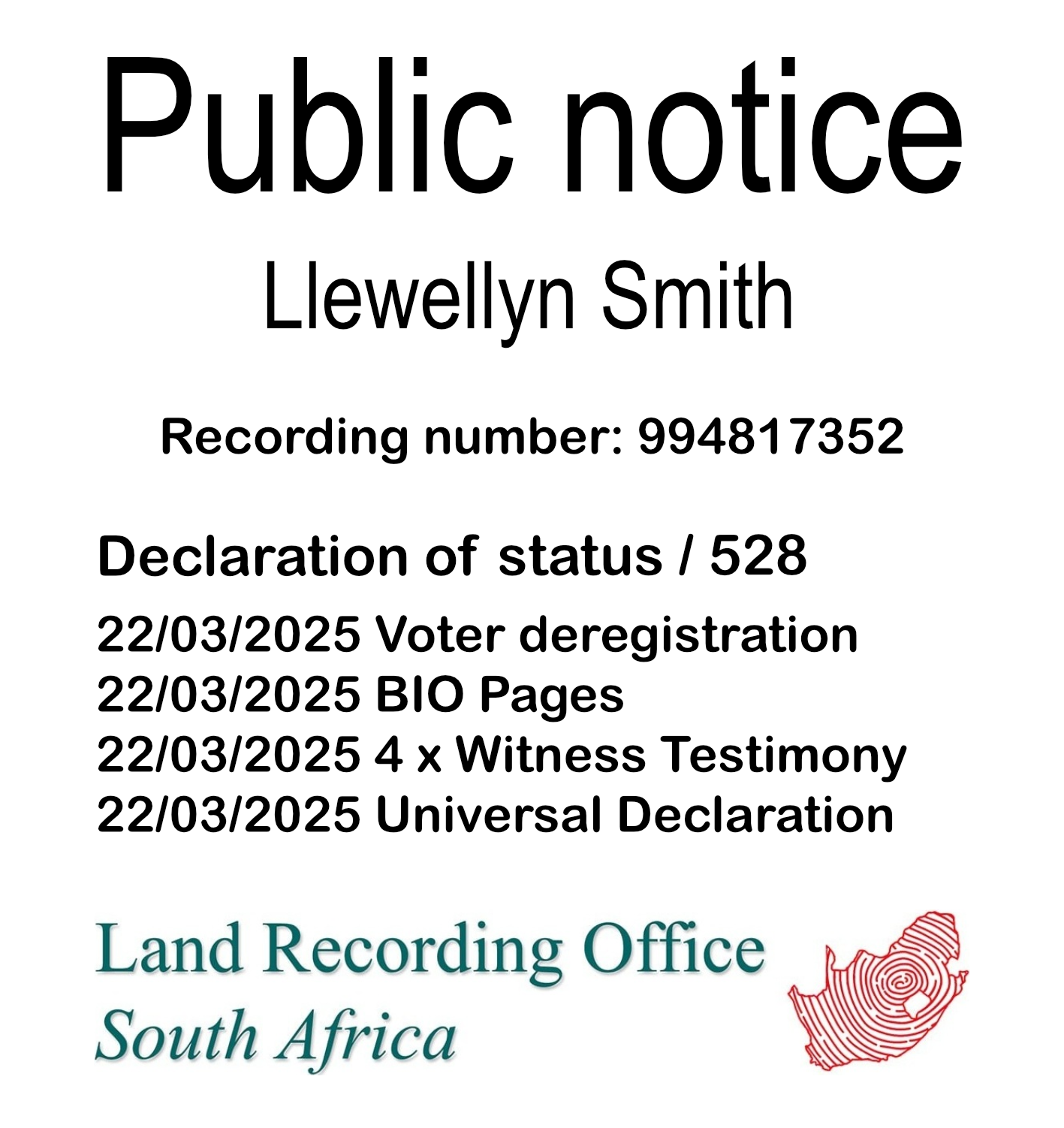 Public Notice Llewellyn Smith (c) Recording number 994817352